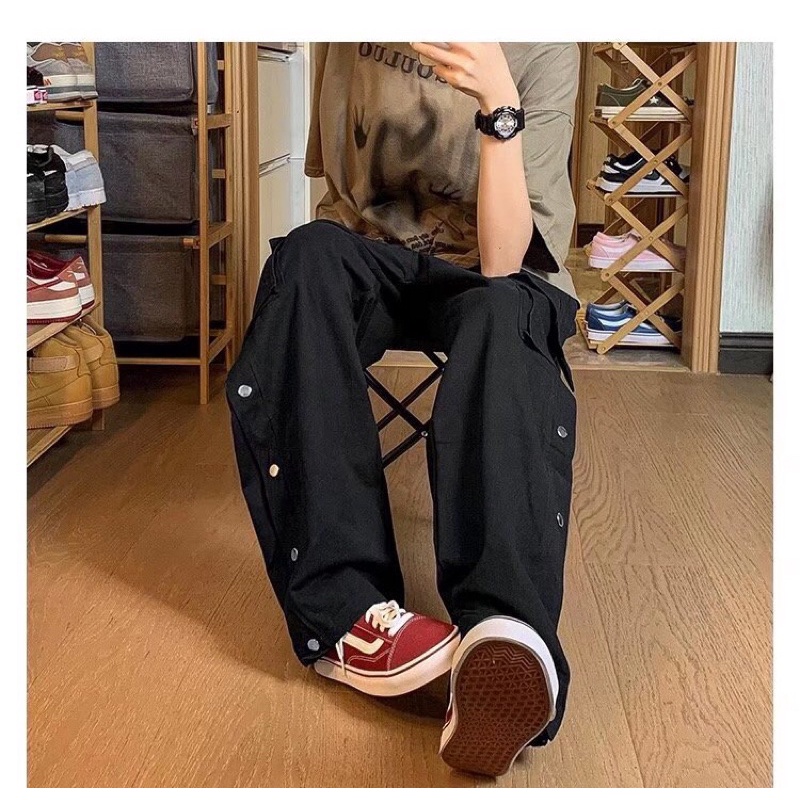 Quần kaki ống rộng túi hộp đính cúc cạp chun cách điệu unisex Ulzzang hiphop siêu chất ❤️