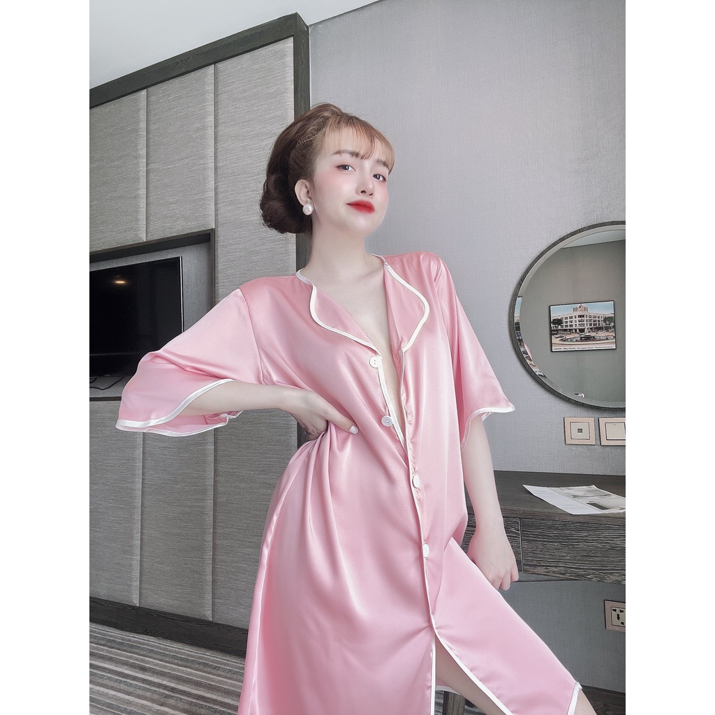 Váy Ngủ Sơ Mi Lụa Bigsize Sang Trọng   Đầm Mặc Nhà Form Suông Rộng Thoải Mái Chất Satin Cao Cấp Thoáng Mát.