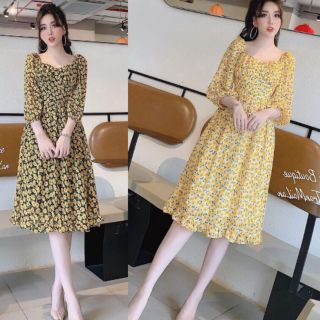 Đầm lụa hoa nhí tay lỡ bí, ngực corset xếp ply, lai bèo