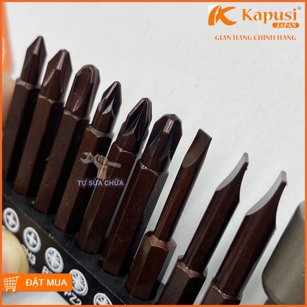 Bộ mũi vít cho máy khoan đầy đủ các loại mũi vít dẹt,bake, sao, đầu chụp chuôi lục giác thép S2 chính hãng Kapusi siêu b