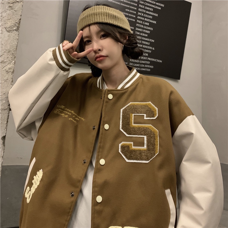 【ZHELIHANGFEI】Áo Khoác Bóng Chày Tay Dài Form Rộng Theo Phong Cách Preppy Mỹ Dễ Phối Đồ