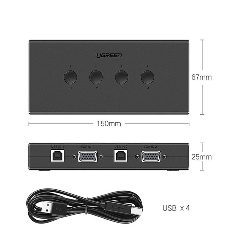 KVM Switch - Bộ Chuyển VGA 4 máy tính dùng 1 màn hình Ugreen 50280 Chính hãng