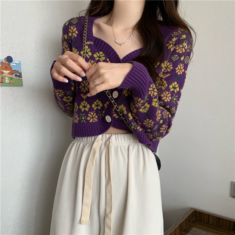 IELGY    Áo Khoác cardigan Dệt Kim Tay Dài In Họa Tiết Hoa Phong Cách Nhật Bản Cho Nữ