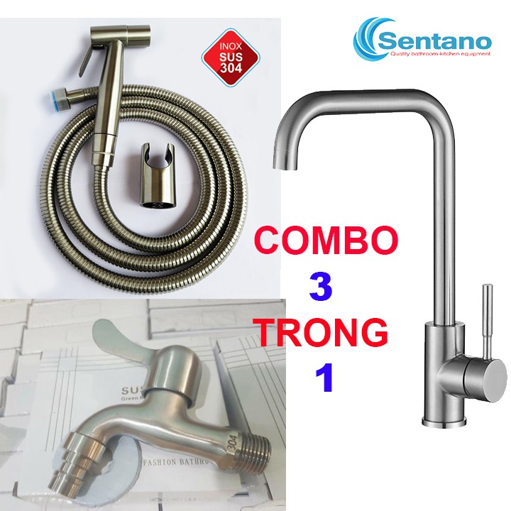 COMBO 3 MÓN Vòi bếp nóng lạnh + vòi xịt vệ sinh + vòi hồ inox 304 TIẾT KIỆM