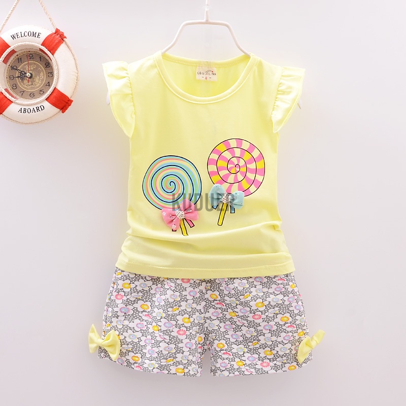 Dễ Thương Set Áo Thun Tay Ngắn + Quần Short In Hình Đáng Yêu Kích Thước 80-110cm