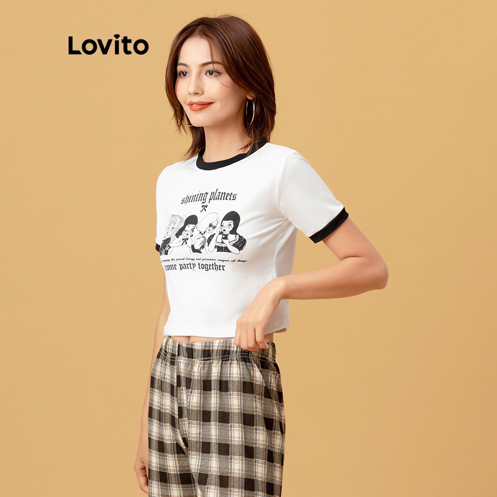 Áo thun Lovito cổ tròn in họa tiết hoạt hình phong cách thường ngày L05251 (trắng) | BigBuy360 - bigbuy360.vn