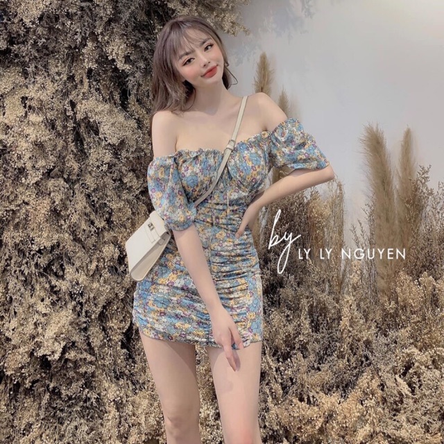 đầm hoa nhúng thun trễ vai (hàng ord chỉ 2 ngày)