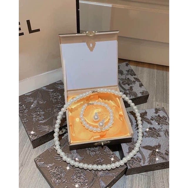 Set Trang Sức Ngọc Trai 3 Món Dây Chuyền Vòng Tay Hoa Tai Sang Trọng