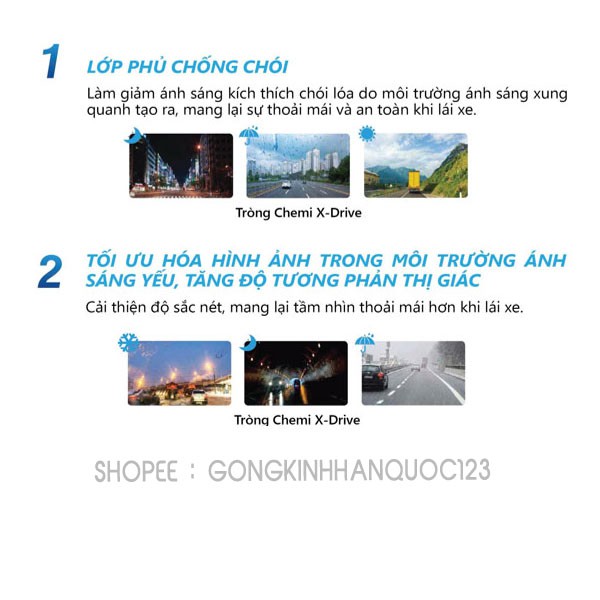 Tròng kính mắt cận Chemi X- Driver Lớp váng dầu tím trước và sau Chống chói chống lóa khi lái xe - Chiết suất 1.60