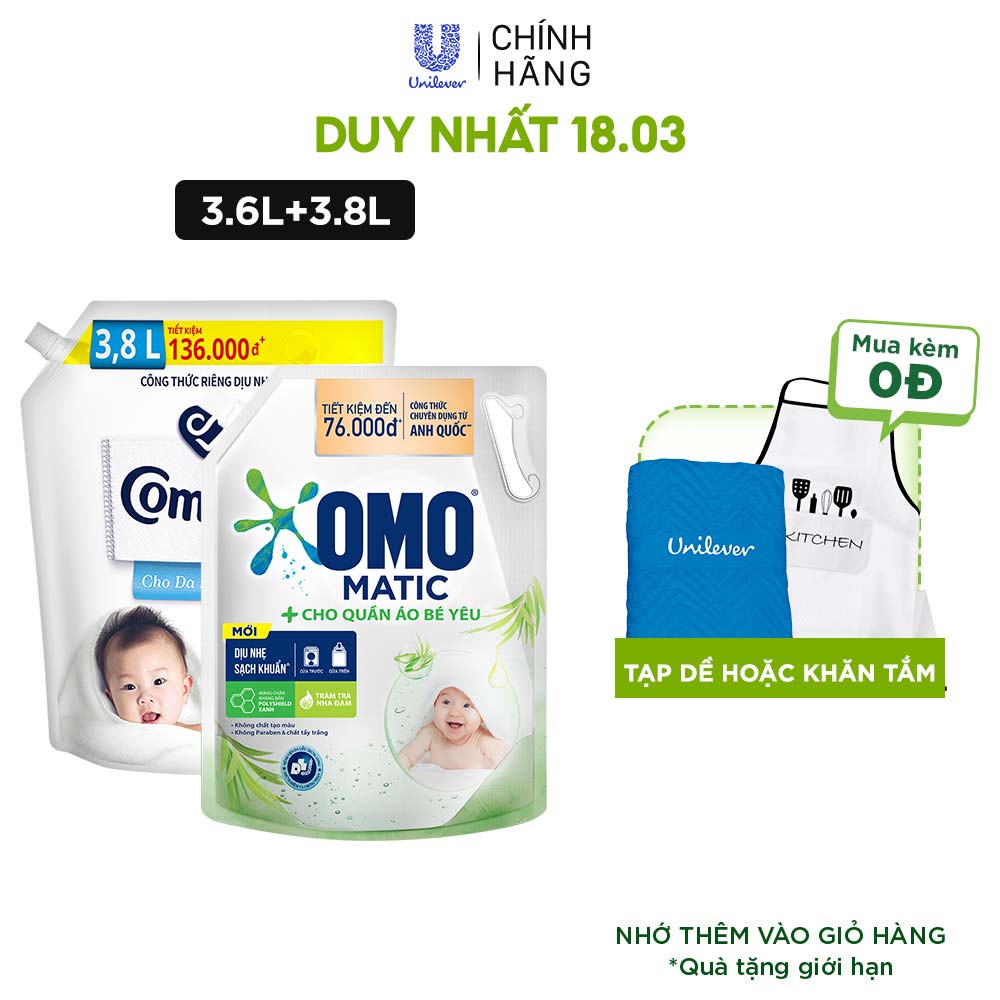 hot Combo Túi Nước Giặt Omo Matic Baby 3.6kg + Nước xả vải Comfort Cho Da Nhạy Cảm Túi 3.8L hot