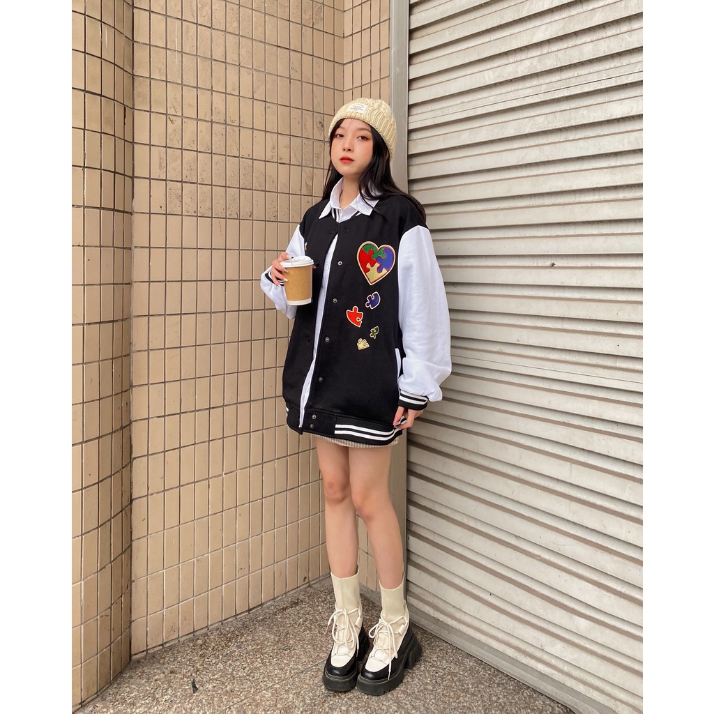 Áo khoác Bomber nữ HEART PIECES 2 màu form rộng thiết kế độc lạ bao đẹp tpp357 hàng mới