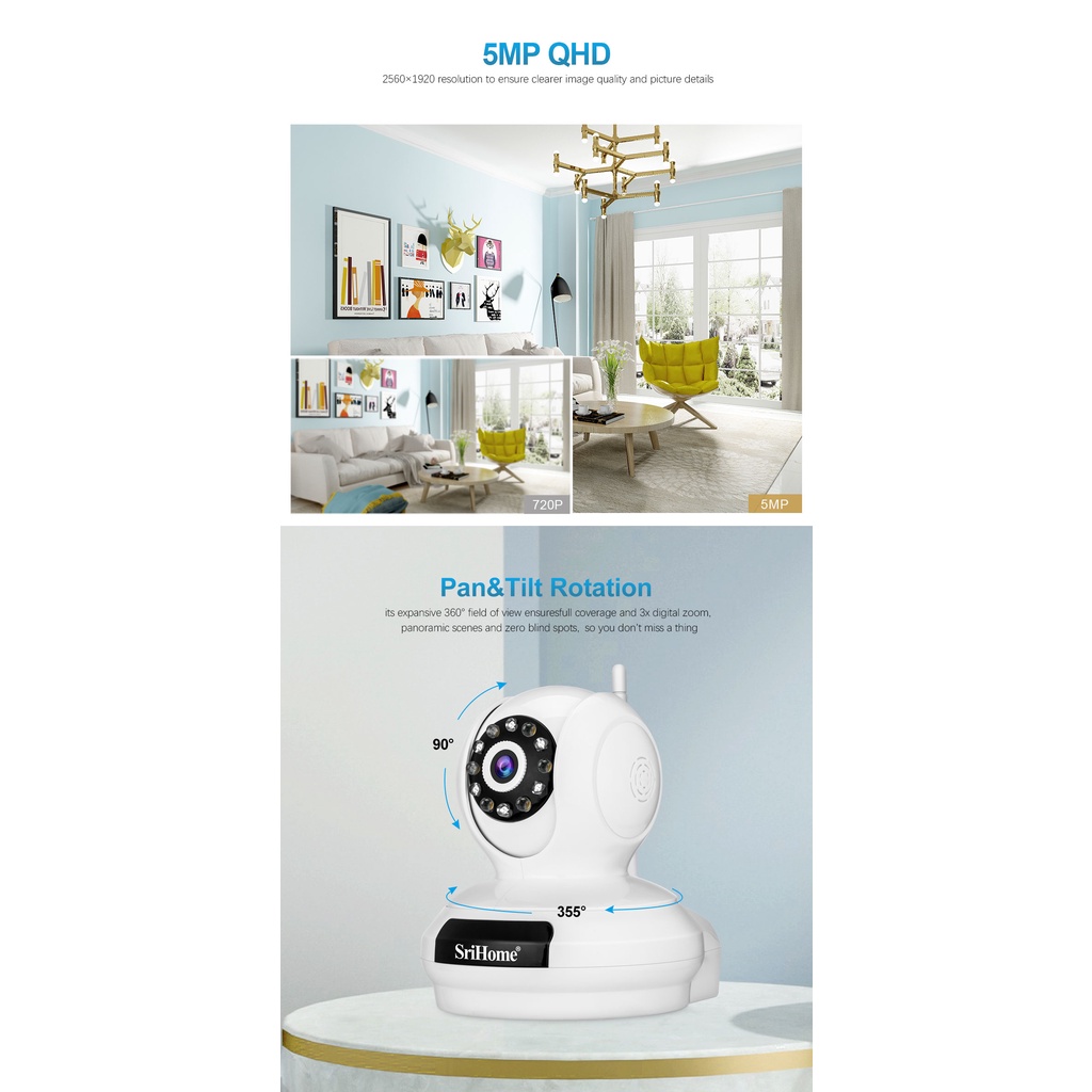 Camera Srihome SP019 5MP SIÊU NÉT 2K, H.265, Màu Ban Đêm
