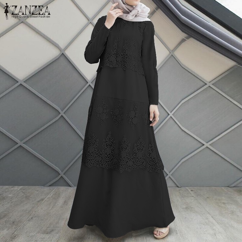 ZANZEA Đầm Tay Dài Phối Ren Thời Trang Cho Phụ Nữ Hồi Giáo Độc Đáo