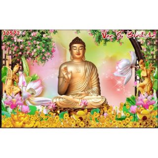 Tranh 3d dán tường phật in vải lụa uv phủ bóng 150x100cm