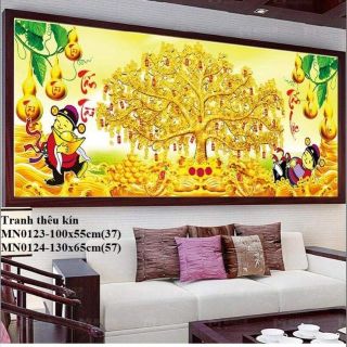 Tranh thêu chữ thập cây kim tiền tấn tài tấn lộc ( thêu kín) mn0123 (100*55CM) MN0124 (130x65)