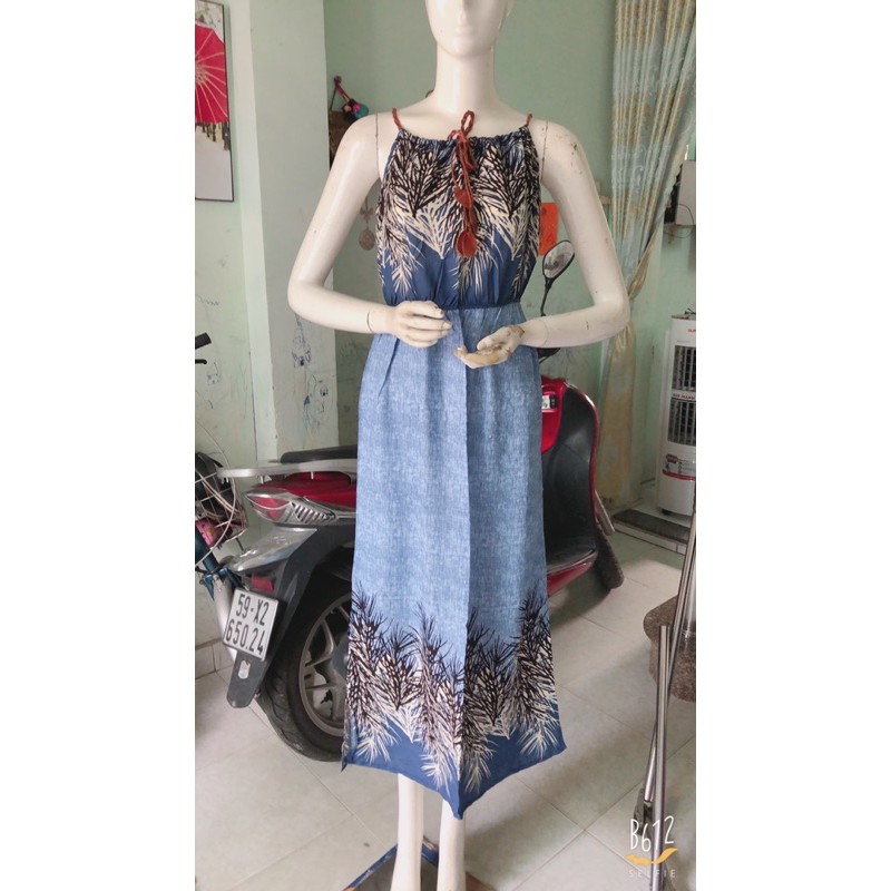 [chọn màu]Đầm maxi lanh lụa yếm cách điệu dây da xinh xắn (47-60ky) | BigBuy360 - bigbuy360.vn