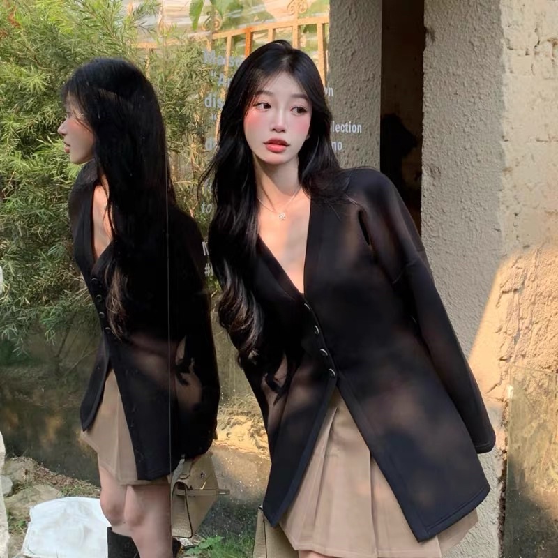 Áo cổ V tay dài dáng cardigan gài nút xẻ tà trước hàng taobao