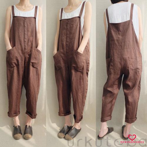 NFW♥Womens Loose Cotton Linen Strappy Jumpsuit Overalls Casual Long Harem Trousers with Pockets