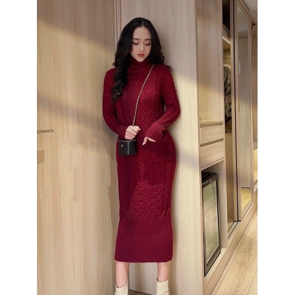 Đầm len vặn thừng cổ lọ dáng dài túi trước Korea Style