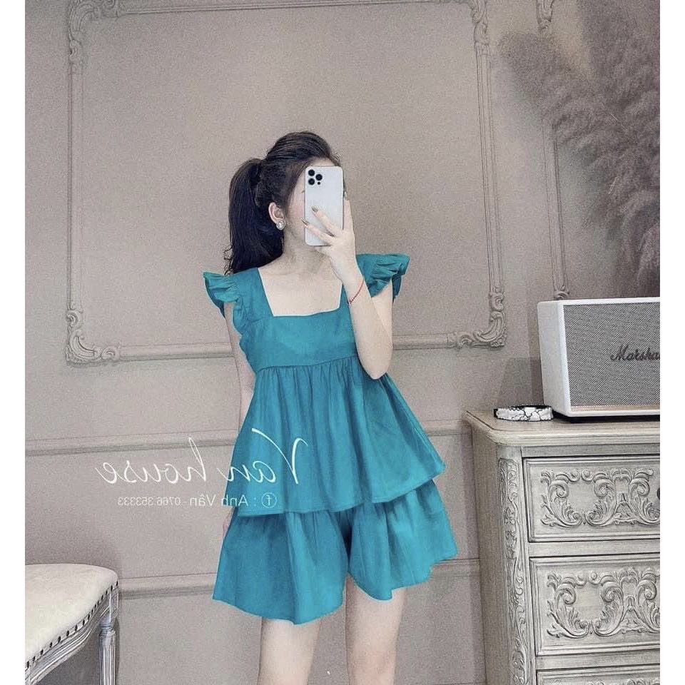 Bộ đũi mặc nhà nữ mùa hè áo dây cộc tay Cánh Tiên quần giả váy sang chảnh xinh đẹp thời trang