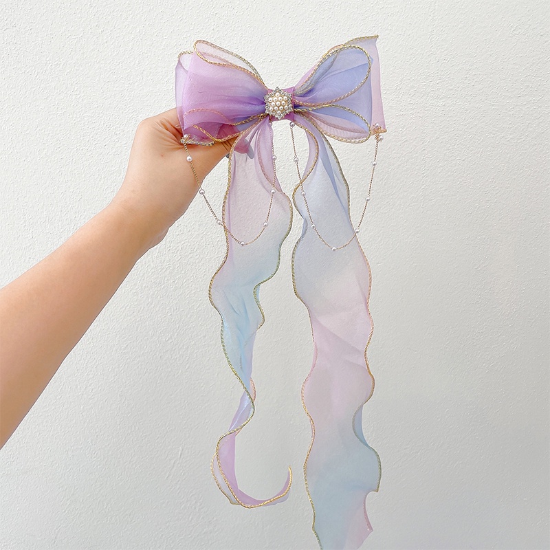 Kẹp tóc hình nơ vải lưới phối dây ruy băng kiểu Nhật Bản Hàn Quốc thời trang mùa hè cho nữ