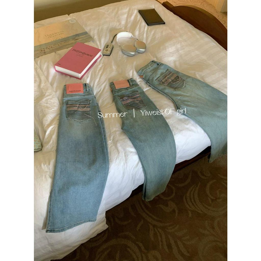 Quần Denim Ống Suông Phối Túi Thêu Họa Tiết Hoài Niệm Cổ Điển 63166