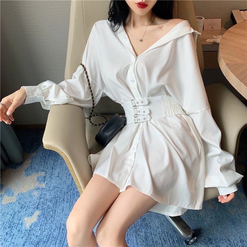 Váy Sơ Mi Giấu Quần Nữ Màu Trắng Đen Cổ Sơ Mi Cài Cúc Tặng Đai Dài Tay Suông Style Hàn Quốc Chất Loại 1 Hàng Quảng Châui