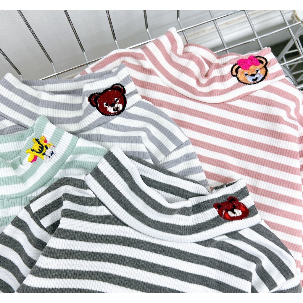 Áo giữ nhiệt cho bé, áo cotton zip kẻ ngang nhiều màu thêu hình dễ thương cho bé trai, bé gái