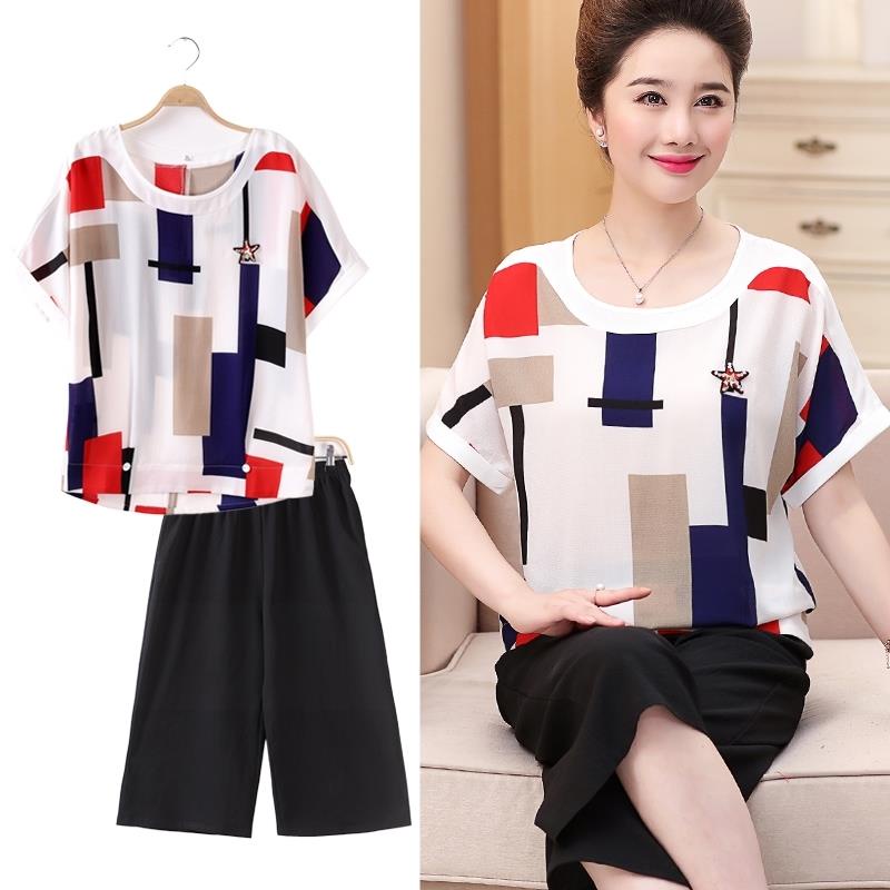 Set Áo Ngắn Tay Và Quần Ống Rộng Thời Trang Mùa Hè Hàng Mới 2022 Dành Cho Phụ Nữ Trung Niên 40-50 Tuổi