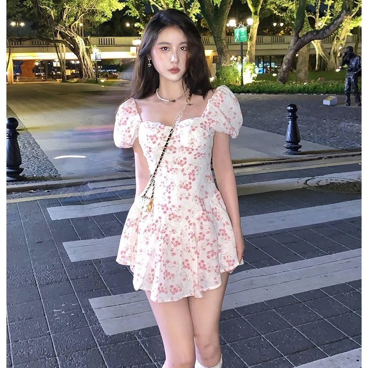 Đầm Tay Phồng Ngắn In Họa Tiết Hoa Thời Trang Đi Biển Mùa Hè Xinh Xắn Cho Nữ