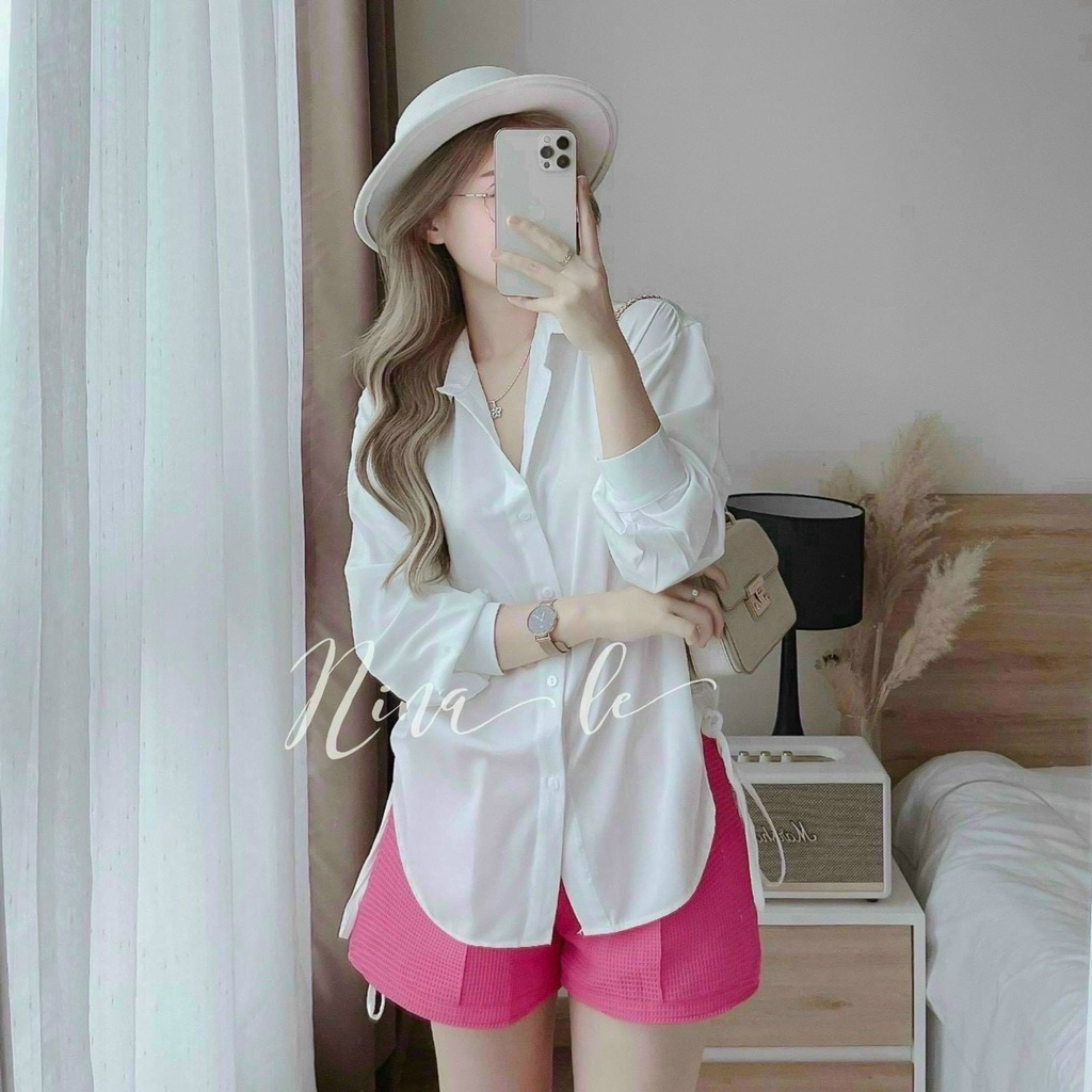 Sét Bộ Nữ Áo Sơ Mi Rút Dây Hông Kèm Quần Short Đùi Năng Động Cá Tính, Sơ Mi Rút Dây Hông