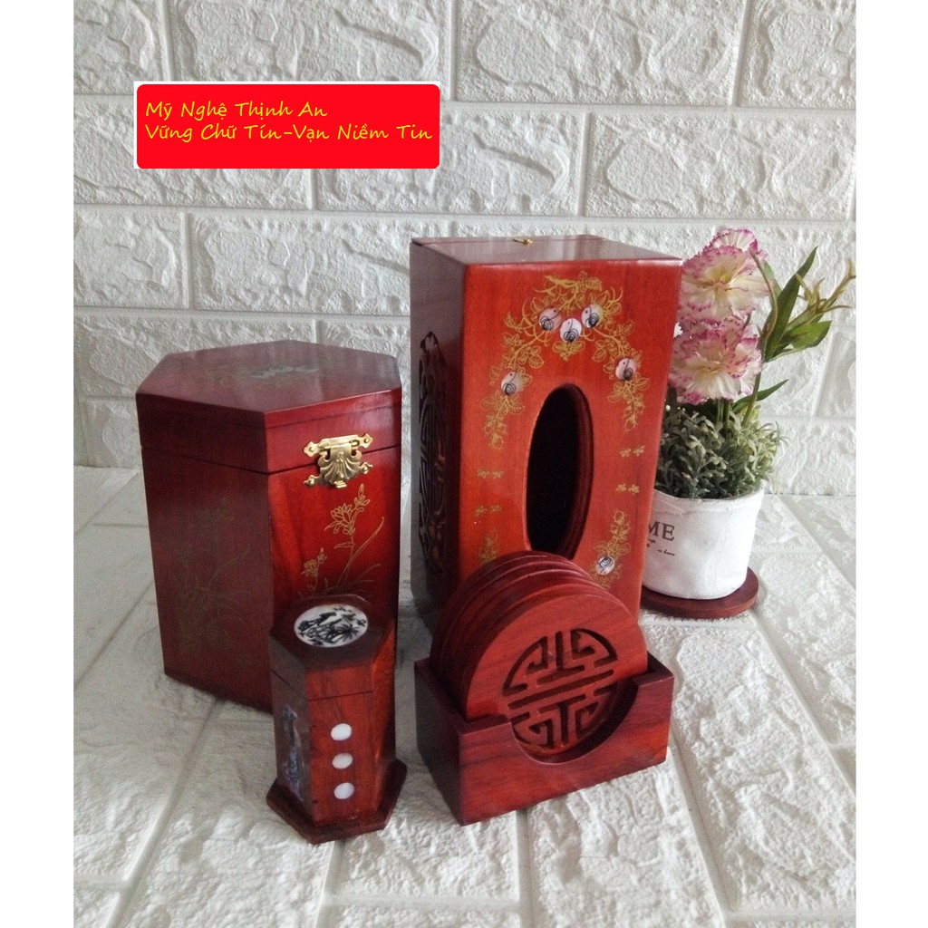 Bộ bốn món tiện ích hộp trà lớn,hộp khăn giấy chữ nhật ,lót ly khảm,hộp tăm-4MLL01