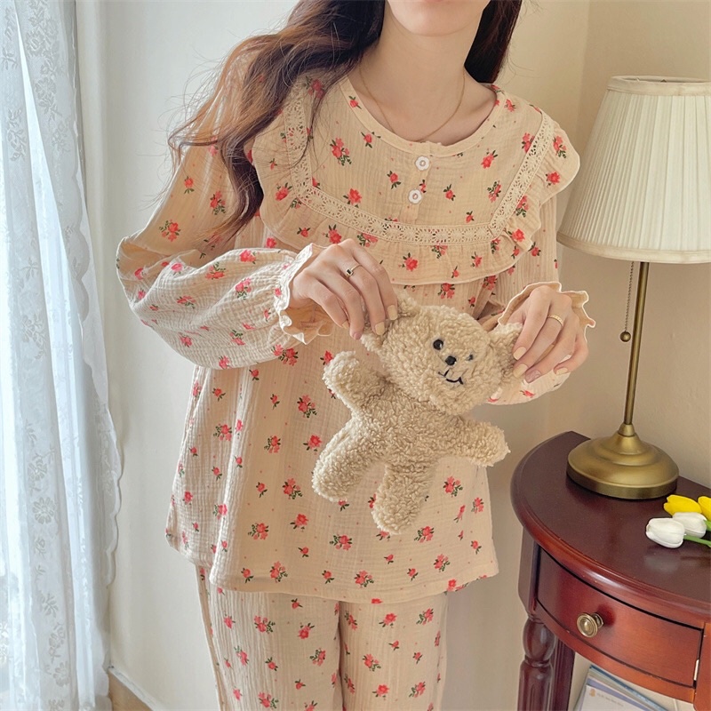 Đồ Ngủ XÔ MUSLIN Style Hàn Quốc- Đồ Bộ Nữ Mặc Nhà Tiểu Thư Hoa Nhí Công Chúa Ulzzang