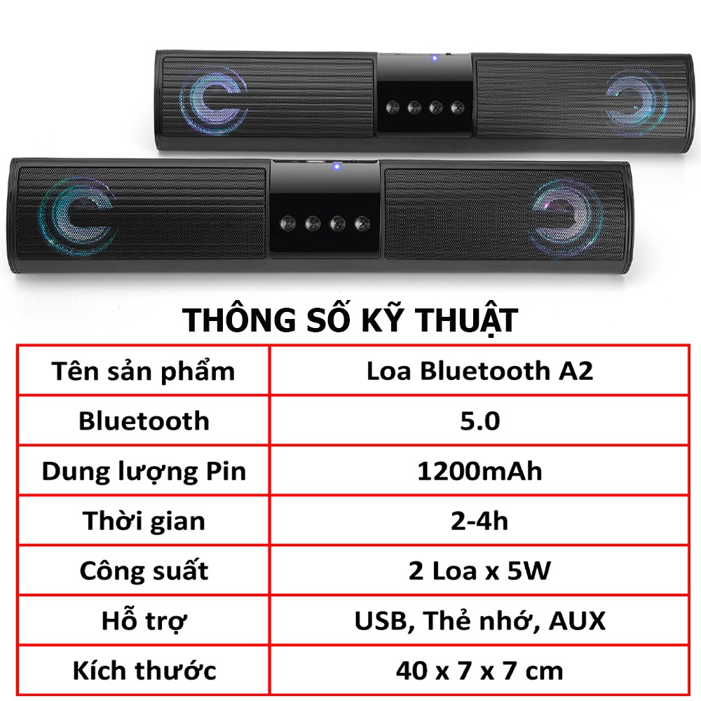 Loa Bluetooth Speaker A2- loa bluetooth mini để bàn siêu bass, có cấu tạo loa kép, đèn nháy nhiều màu sắc.