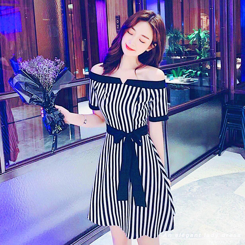 Đầm Sọc Xanh Trễ Vai (Kèm Hình Chụp Thật)