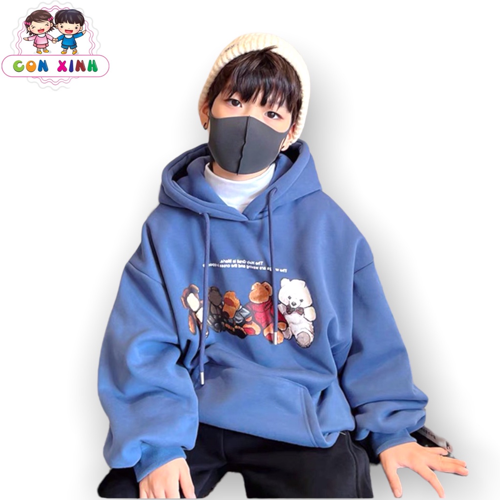 Áo hoodie unisex CON XINH form rộng nỉ nam nữ NHỮNG CHÚ GẤU thời trang thu đông cho trẻ em từ 4 đến 8 tuổi