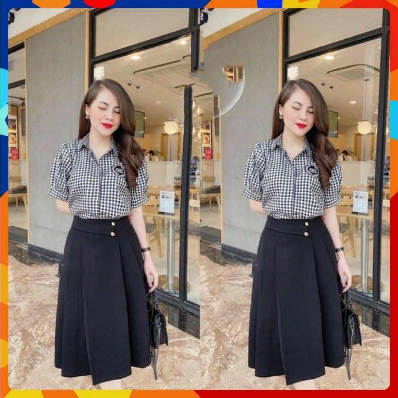 Chân váy dáng dài công sở,Chân váy công sở midi qua gối xếp ly đính cúc eo- màu đen | BigBuy360 - bigbuy360.vn