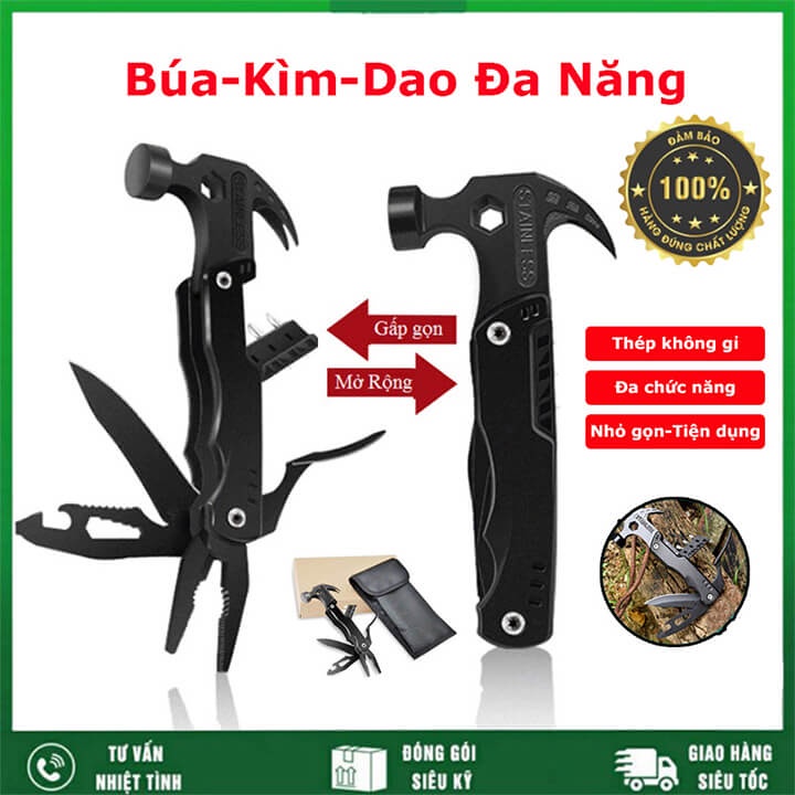 Búa đa năng gấp gọn bằng thép không gỉ kiêm kìm, tua vít, dao đi rừng - bộ dụng cụ đi phượt, cứu hộ khi gặp sự cố