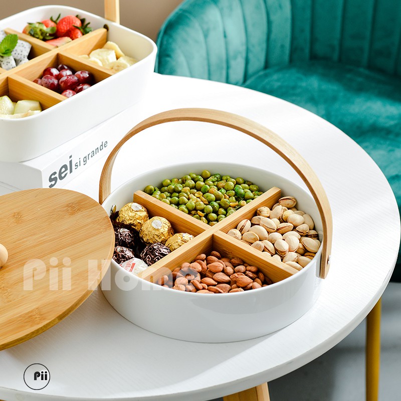 Khay Mứt Sứ Tròn 4 Ngăn Chia, Quai Cầm Và Nắp Đậy Gỗ