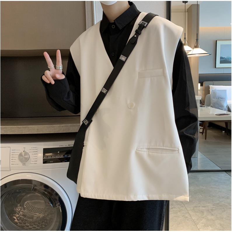 Áo Khoác Vest Không Tay Dáng Rộng Màu Trơn Nhiều Túi Phong Cách Hàn Quốc Cho Nam