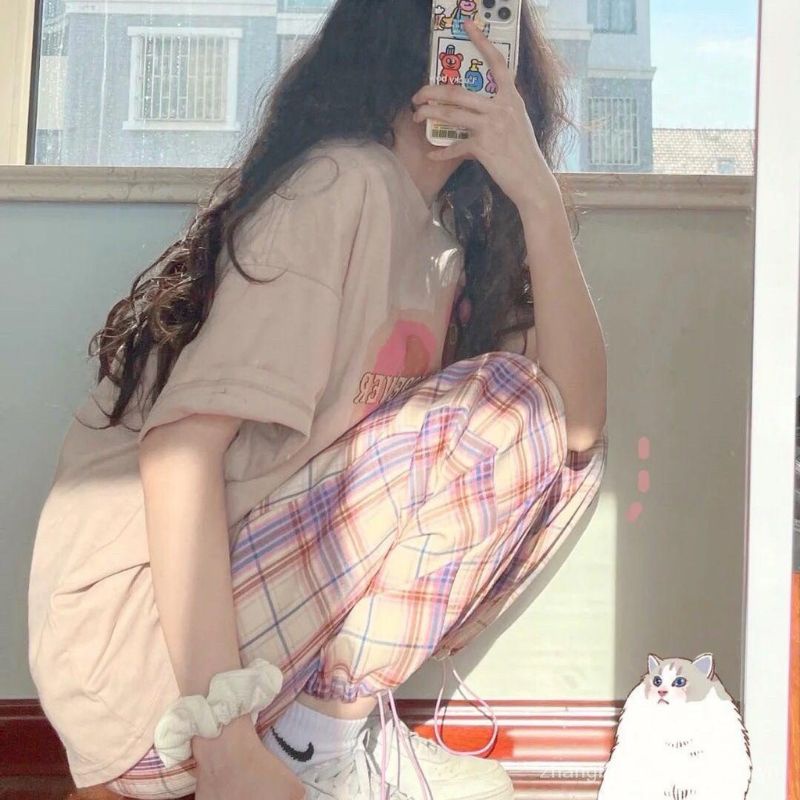 Bộ Áo Phông Trái Tim Quần Culottes Kẻ Caro Set Áo Thun Hồng Quần Caro | BigBuy360 - bigbuy360.vn