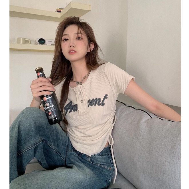 QKOOLE Áo Thun Croptop Ngắn Tay Cổ Tròn Thời Trang Hàn Quốc Cho Nữ