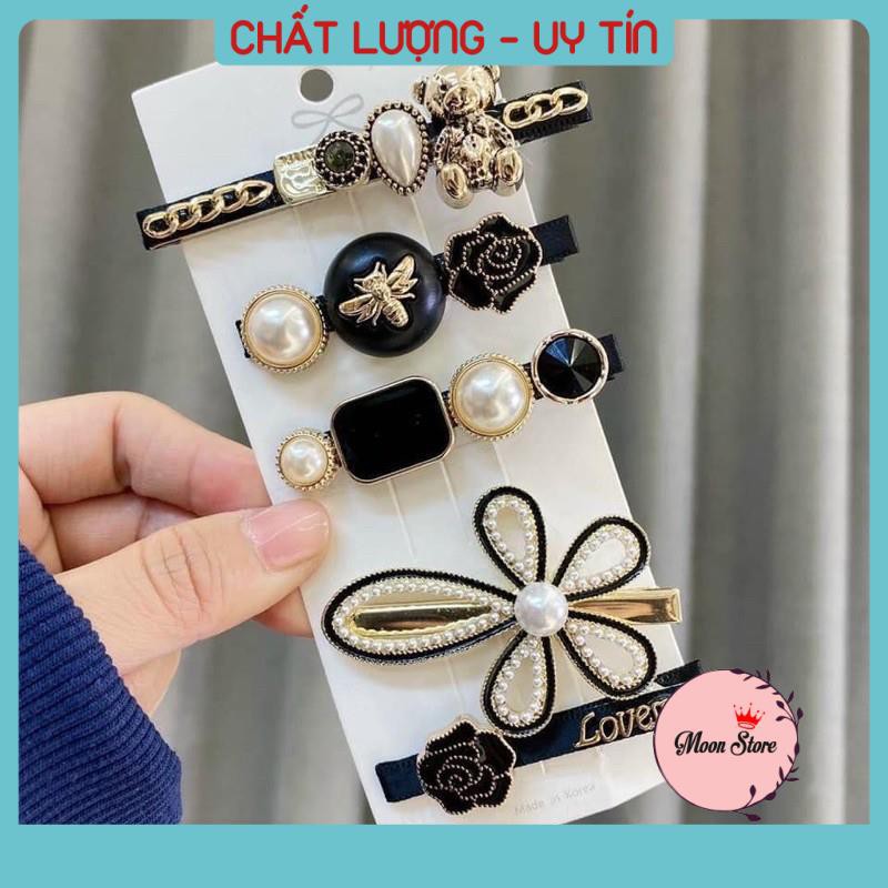 Set 5 kẹp tóc mái Hàn Quốc màu đen đính đá tiểu thư cực sang chảnh MS03