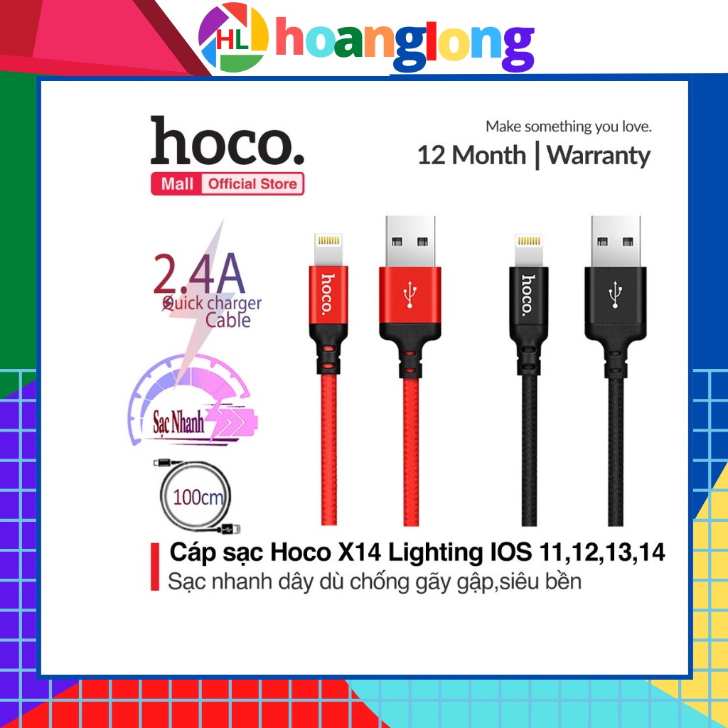 Dây sạc ip/Micro/Type C Hoco X14 sạc nhanh ip,hỗ trợ sạc nhanh IP6/7/8/x/xs/11 sạc IPdài 1m,2m