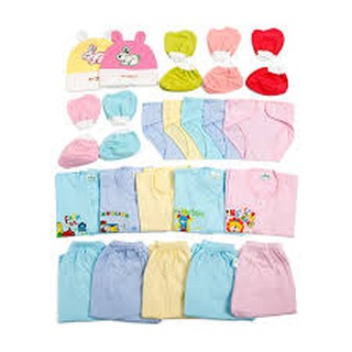 Combo 27 món cho trẻ sơ sinh thương hiệu bobo, bao gồm: 5 áo + 5 quần + 10 bao tay chân + 5 tả dán + 2 nón.