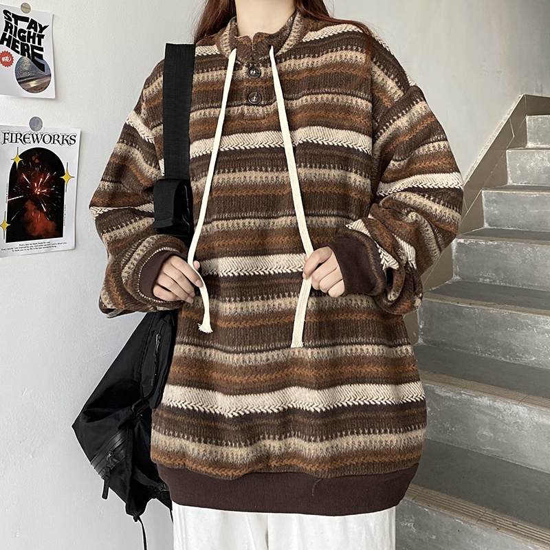 Áo len nam nữ form rộng, áo sweater nam nữ oversize cổ tròn phối màu kẻ ngang thời trang phong cách Hàn Quốc