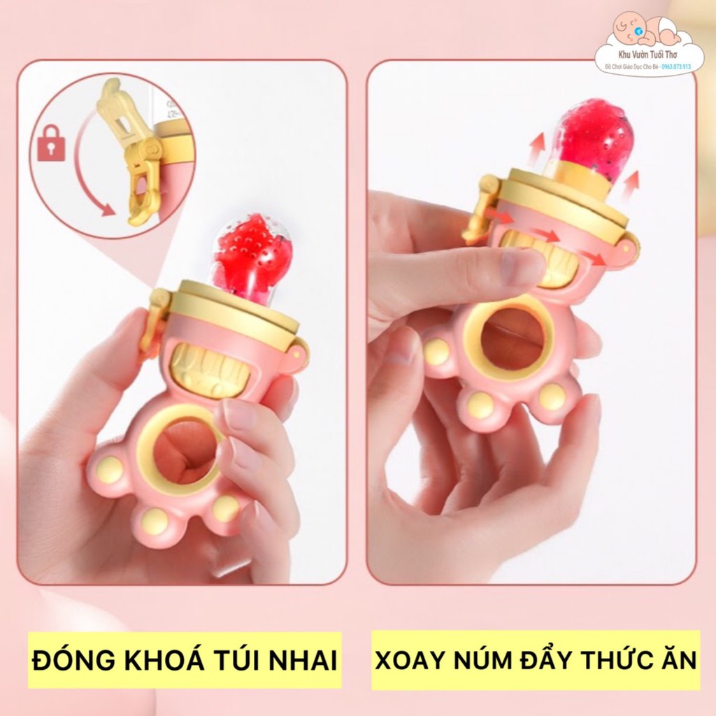 Túi nhai ăn dặm 3 núm silicone - chống hóc cho bé từ 6 tháng giúp bé ăn dặm hoa quả dễ dàng