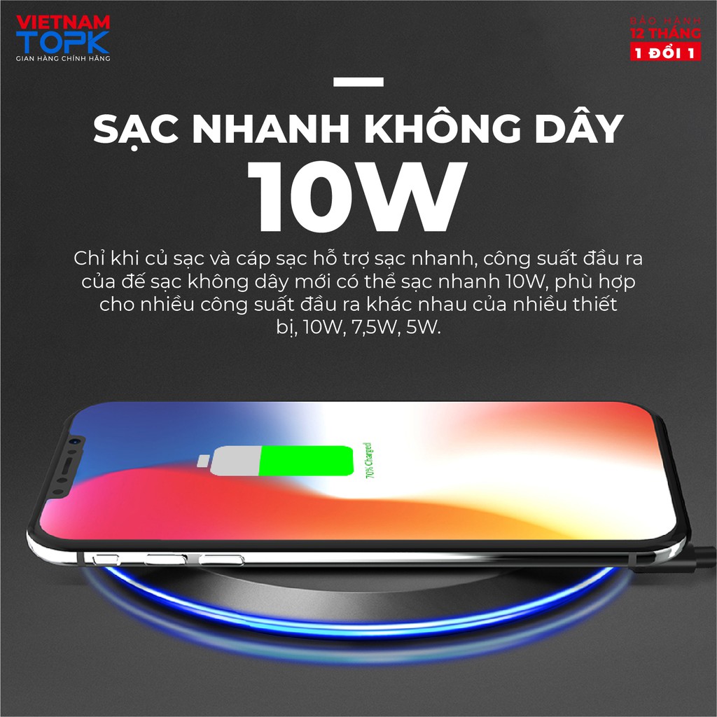 Sạc không dây TOPK B46W - Công nghệ sạc Qi 10W - Tích hợp đèn LED - Hàng chính hãng - Bảo hành 12 tháng 1 đổi 1