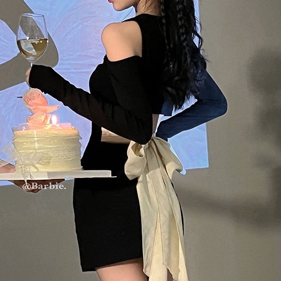 COZOKC Đầm Dài Tay Trễ Vai Phối Nơ Xinh Xắn Dành Cho Nữ