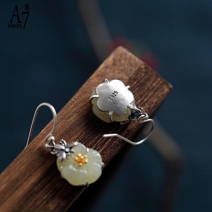 Bông Tai Bạc A7 S925 Hình Ong Đính Đá Ngọc Bích Màu Sắc Vintage Cho Nữ